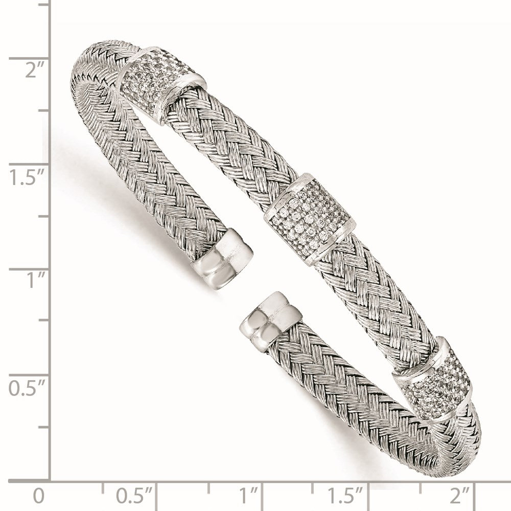 Sterling Silver Rhodium-Plated Cz Woven Flexible Cuff