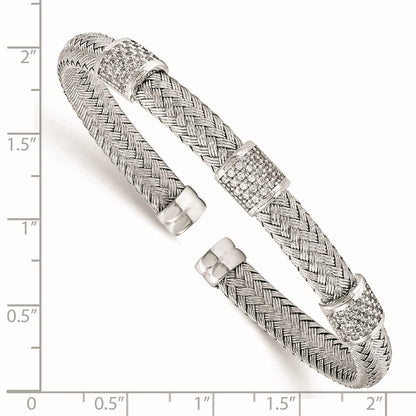 Sterling Silver Rhodium-Plated Cz Woven Flexible Cuff