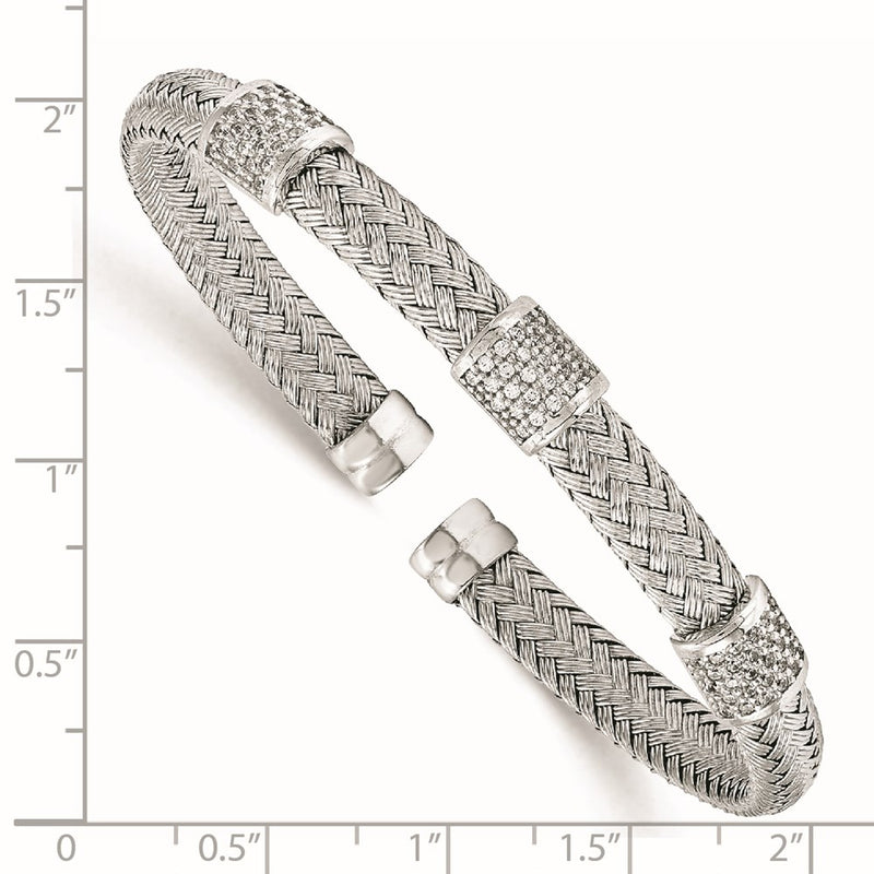 Sterling Silver Rhodium-Plated Cz Woven Flexible Cuff