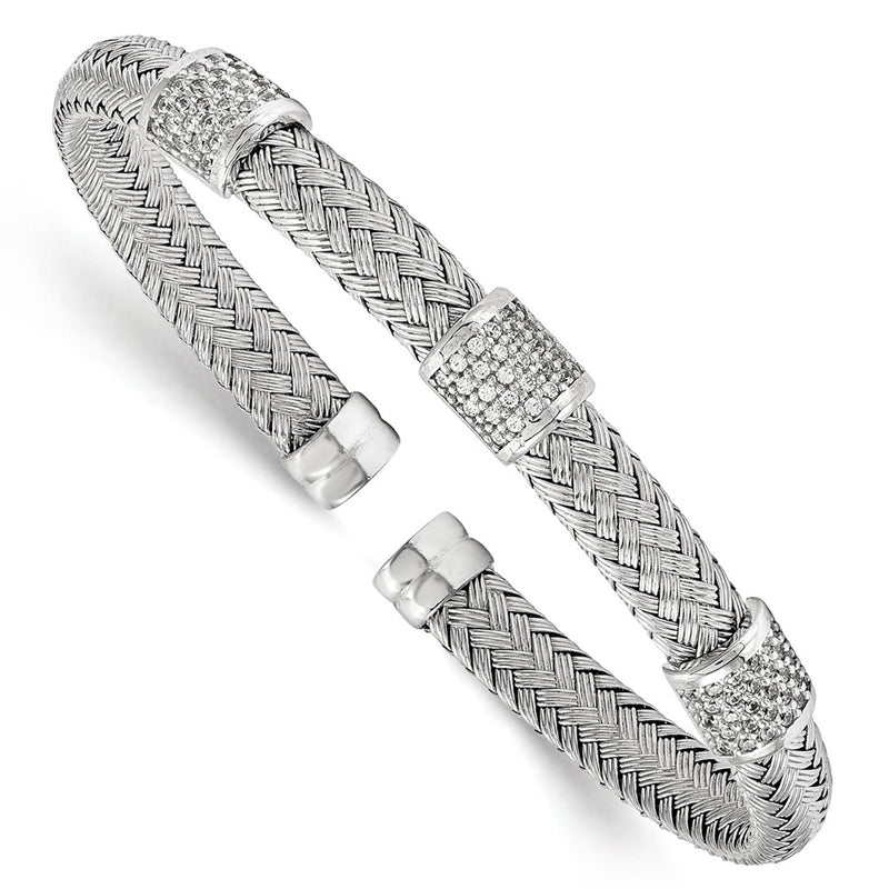 Sterling Silver Rhodium-Plated Cz Woven Flexible Cuff