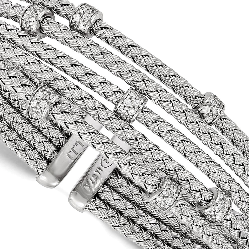 Sterling Silver Rhodium-Plated Cz Woven Flexible Cuff
