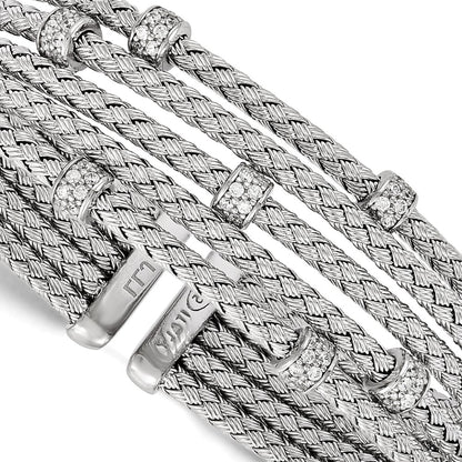Sterling Silver Rhodium-Plated Cz Woven Flexible Cuff