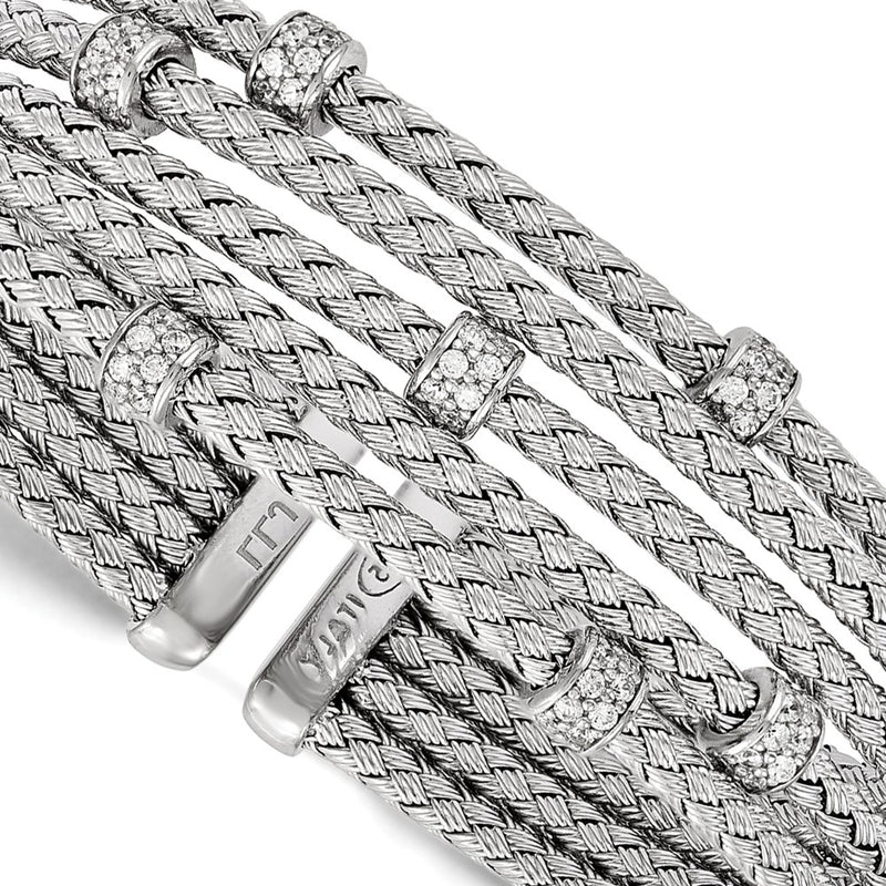 Sterling Silver Rhodium-Plated Cz Woven Flexible Cuff