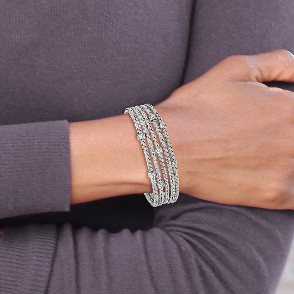 Sterling Silver Rhodium-Plated Cz Woven Flexible Cuff