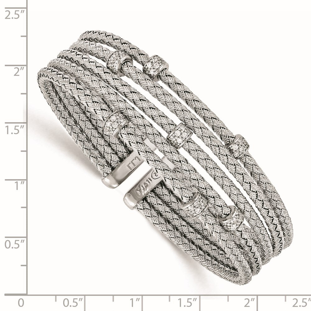 Sterling Silver Rhodium-Plated Cz Woven Flexible Cuff