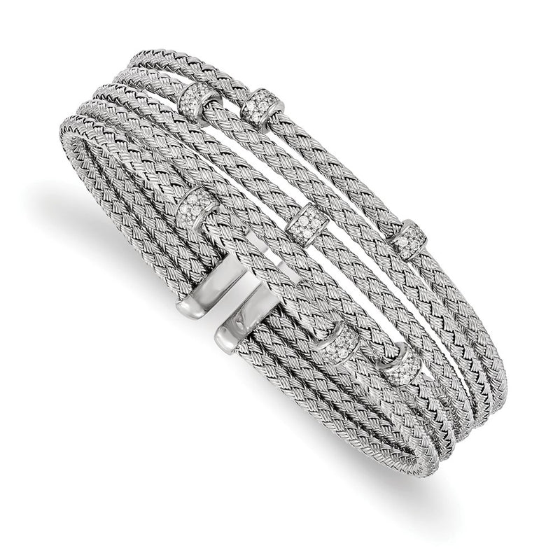Sterling Silver Rhodium-Plated Cz Woven Flexible Cuff