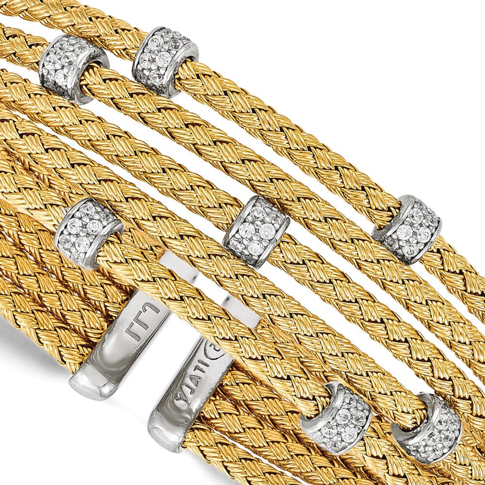 Sterling Silver Rhodium-Plated Gold-Plated Cz Woven Flexible Cuff