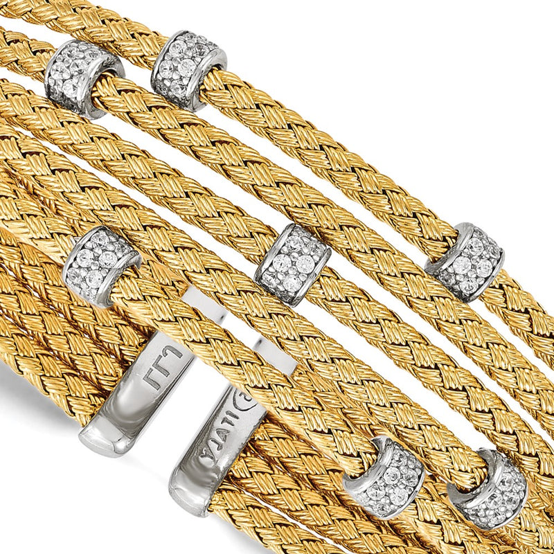 Sterling Silver Rhodium-Plated Gold-Plated Cz Woven Flexible Cuff