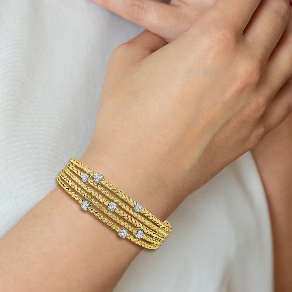 Sterling Silver Rhodium-Plated Gold-Plated Cz Woven Flexible Cuff
