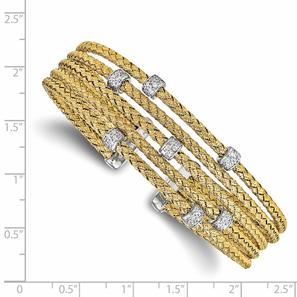 Sterling Silver Rhodium-Plated Gold-Plated Cz Woven Flexible Cuff