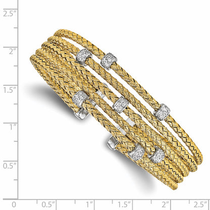 Sterling Silver Rhodium-Plated Gold-Plated Cz Woven Flexible Cuff
