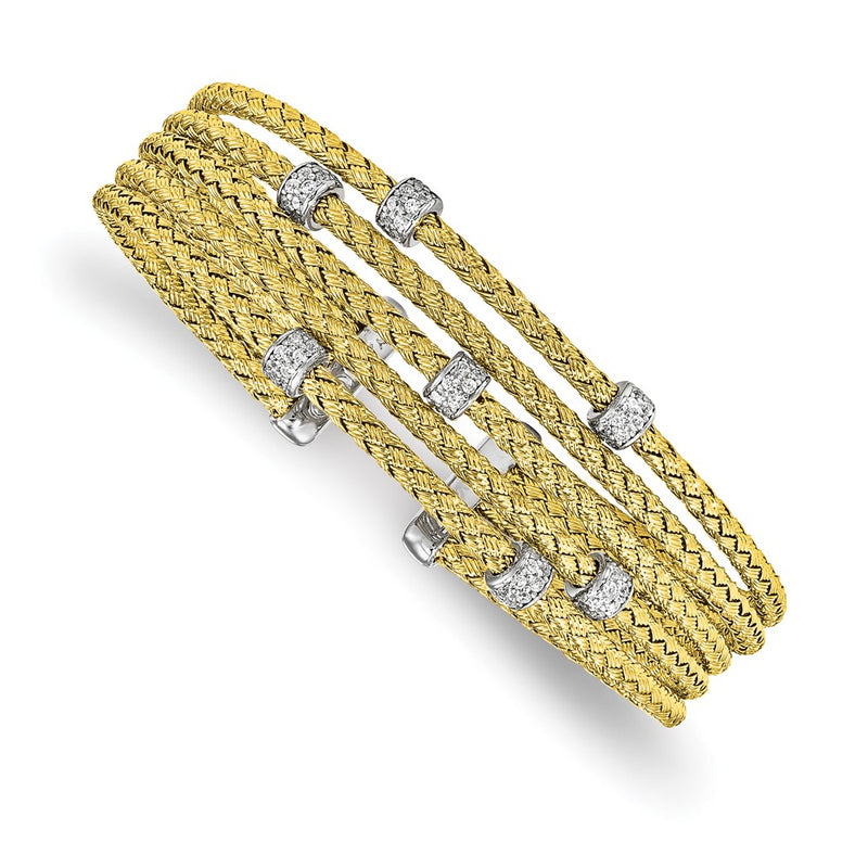 Sterling Silver Rhodium-Plated Gold-Plated Cz Woven Flexible Cuff