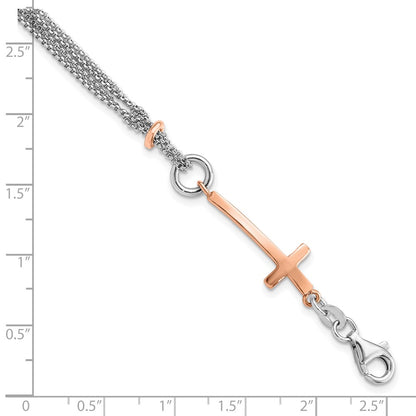7 Inch Sterling Silver W/Rose-Tone Cross W/1.5In Ext. W/Cross Bracelet
