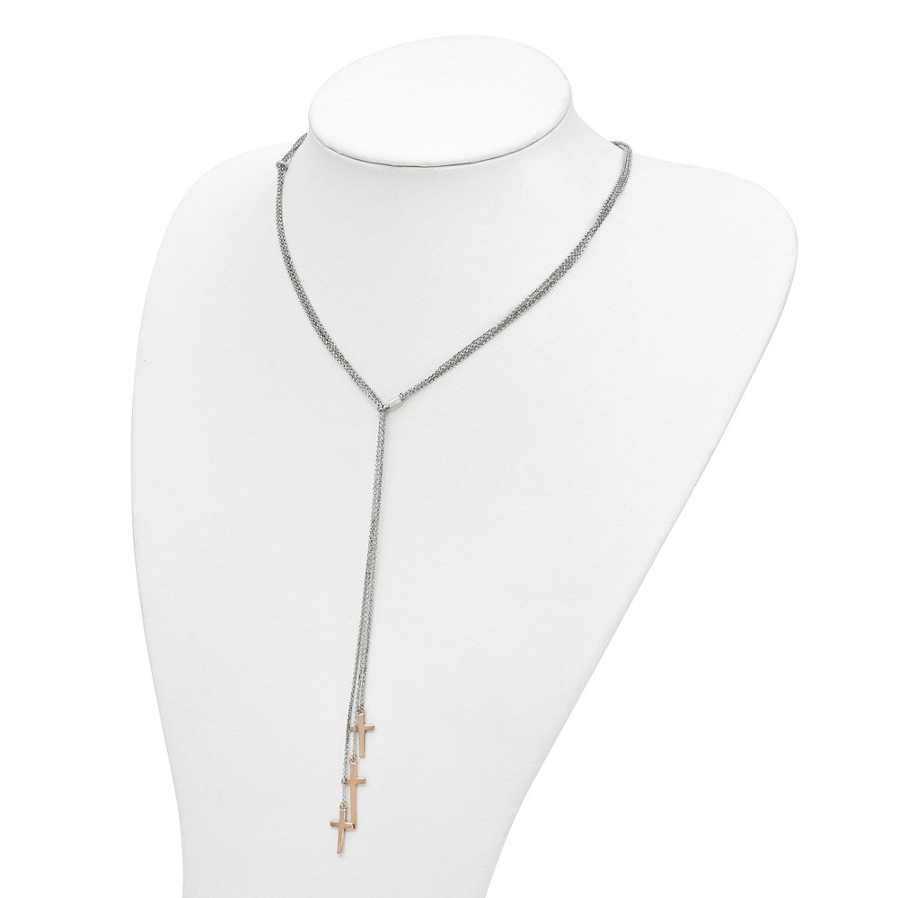 Sterling Silver 3 Rose-Tone Cross Adj Up To 24In Slip-On Necklace