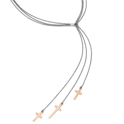 Sterling Silver 3 Rose-Tone Cross Adj Up To 24In Slip-On Necklace