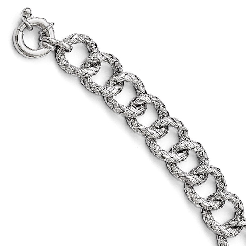7.75 Inch Sterling Silver Polished Textured Bracelet- Fancy Spring Ring