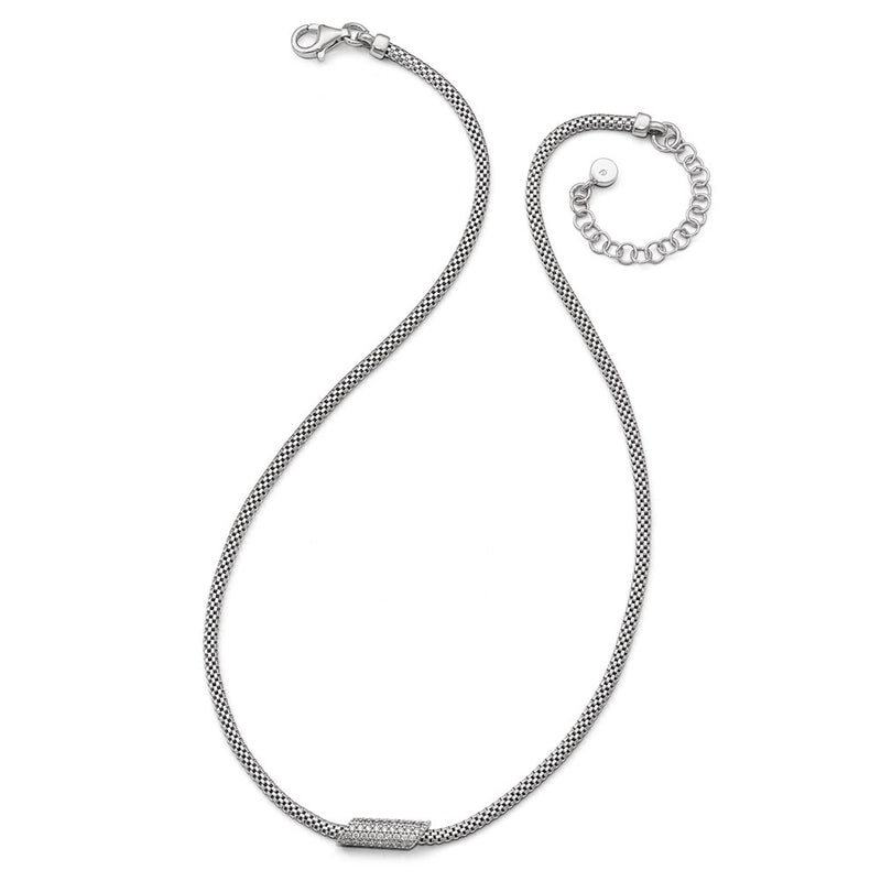 Sterling Silver Rhodium-Plated Cz With 2In Ext. Necklace