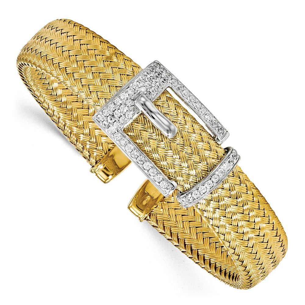 Ss/Gold Plated Sterling Silver Gold-Plated Cz Polished Woven Cuff Bangle