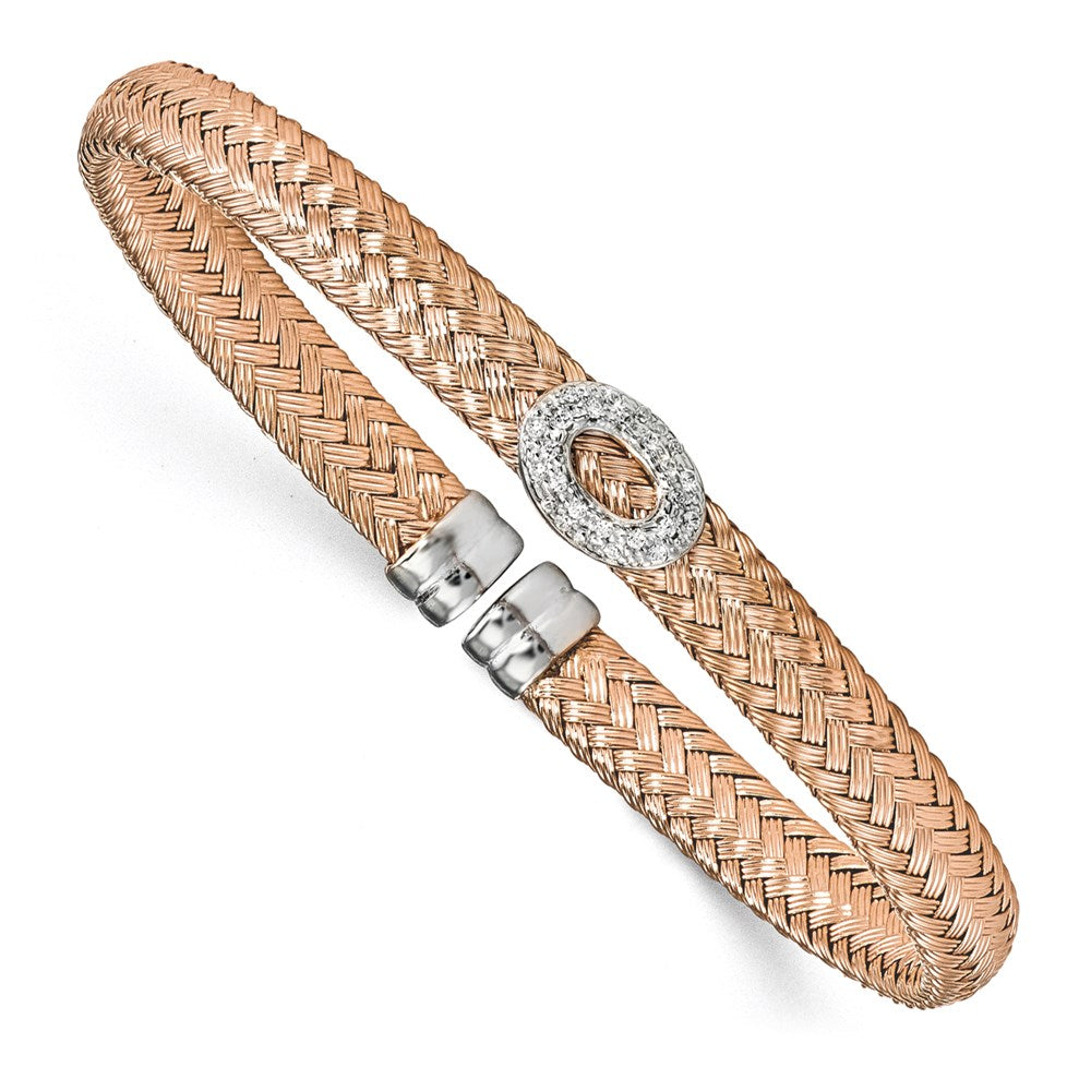 Sterling Silver Rose-Tone Cz Woven Cuff