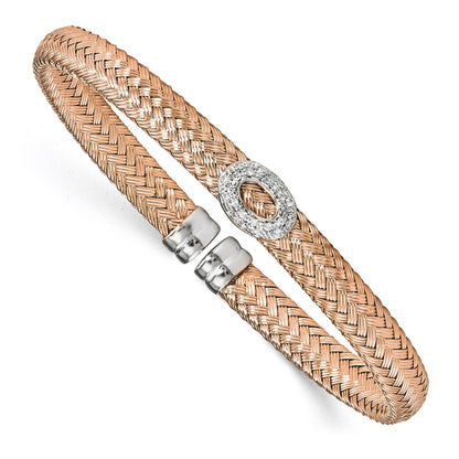 Sterling Silver Rose-Tone Cz Woven Cuff