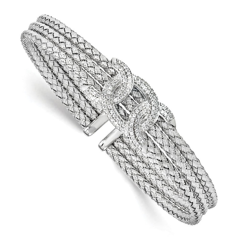 Sterling Silver Rhodium-Plated Cz Woven Cuff