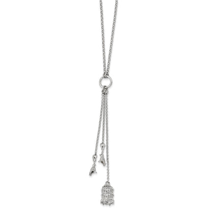 Sterling Silver Polished Bird Cage With Birds Slip-On Necklace
