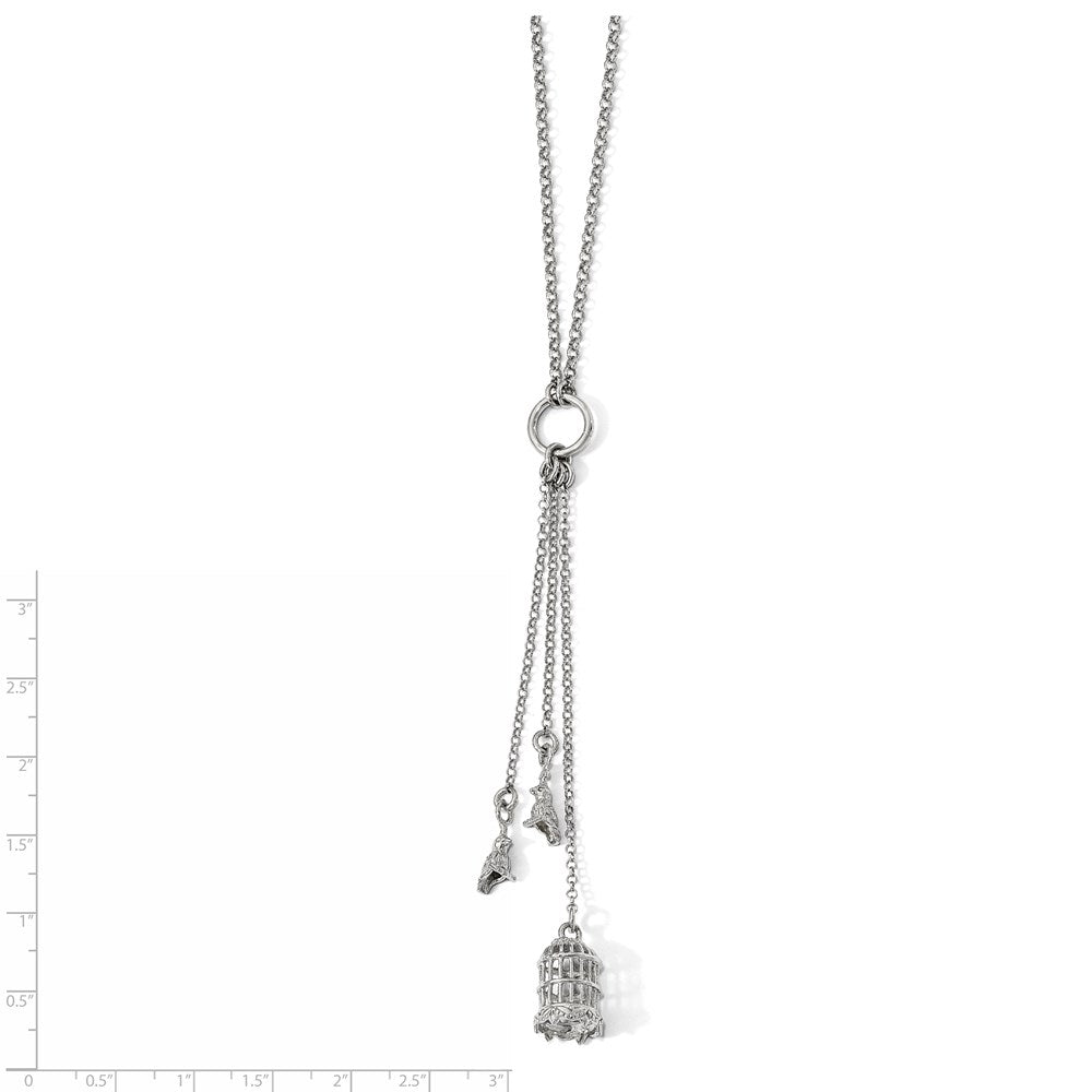 Sterling Silver Polished Bird Cage With Birds Slip-On Necklace