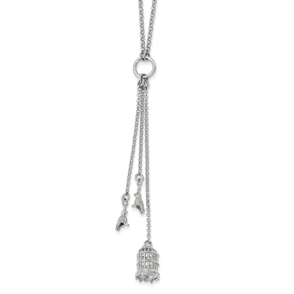 Sterling Silver Polished Bird Cage With Birds Slip-On Necklace