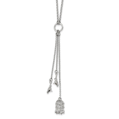 Sterling Silver Polished Bird Cage With Birds Slip-On Necklace