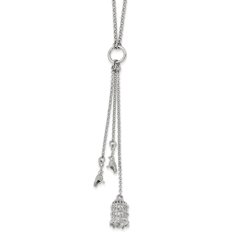Sterling Silver Polished Bird Cage With Birds Slip-On Necklace