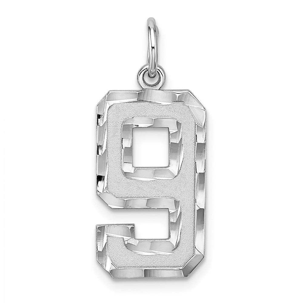 Sterling Silver Rhodium-Plated Large Diamond-Cut #9 Charm