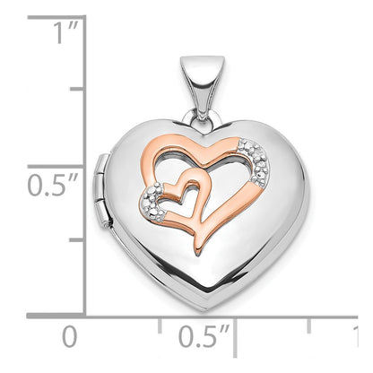Sterling Silver Rhodium-Plated Diamond Rose Rhodium Hearts 18mm Locket