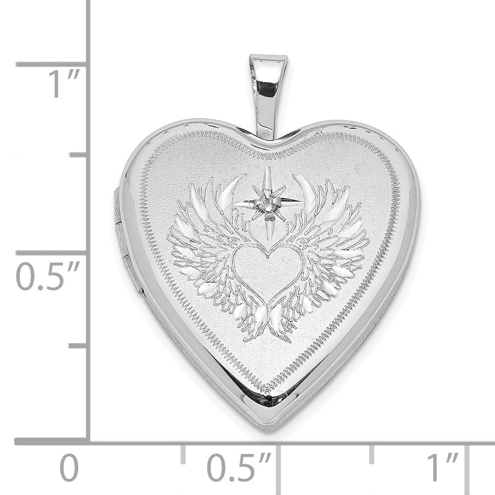 Sterling Silver Rhodium-Plated Diamond Wings W/Heart 20mm Heart Locket