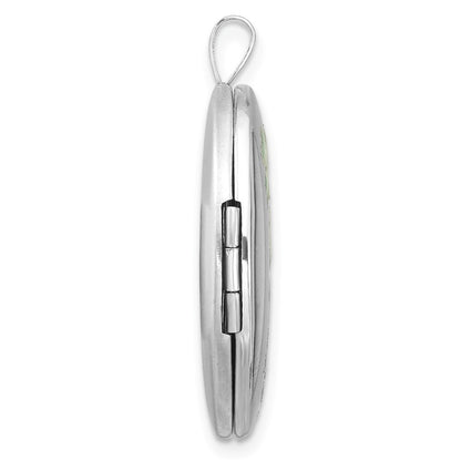 Sterling Silver Rhodium-Plated Satin Enameled Clovers 26X20mm Oval Locket