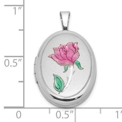 Sterling Silver Rhodium-Plated Enameled Rose 19X15mm Oval Locket