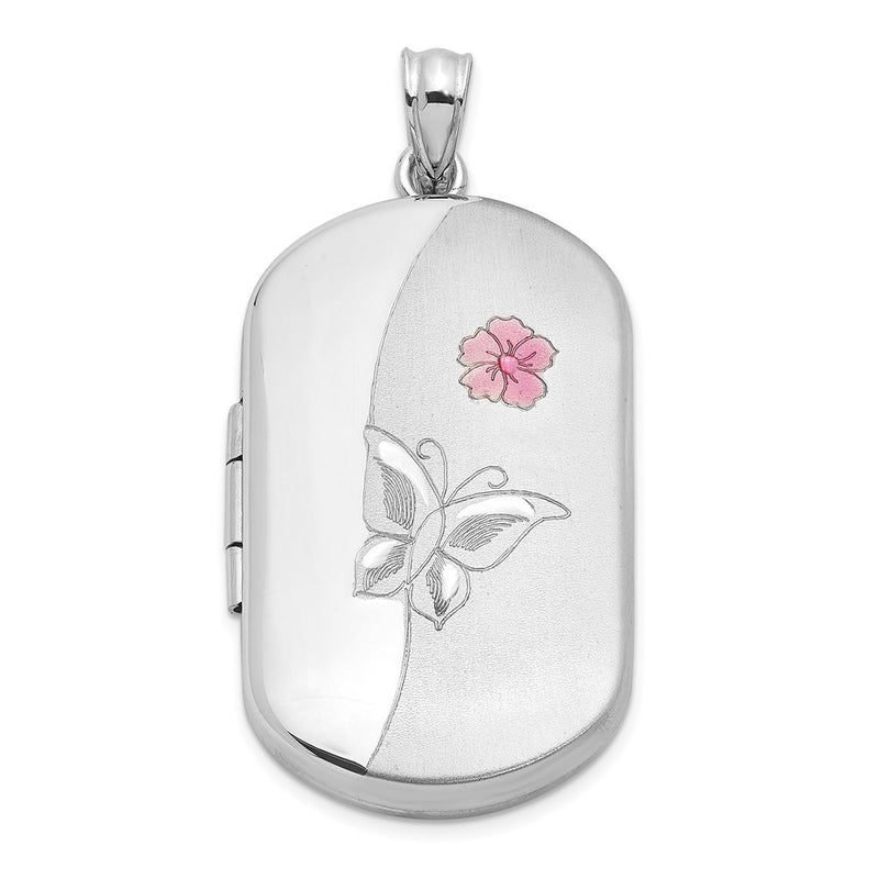 Sterling Silver Rh-Plated Enamel Flower Butterfly 30X19mm Rectangle Locket