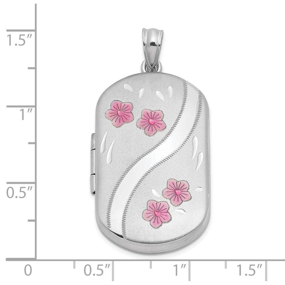 Sterling Silver Rhodium-Plated Enamel Flowers 30X19mm Rectangle Locket