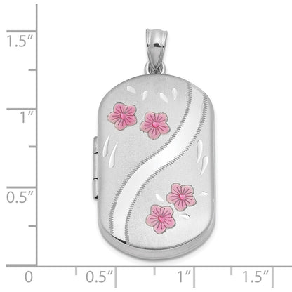 Sterling Silver Rhodium-Plated Enamel Flowers 30X19mm Rectangle Locket