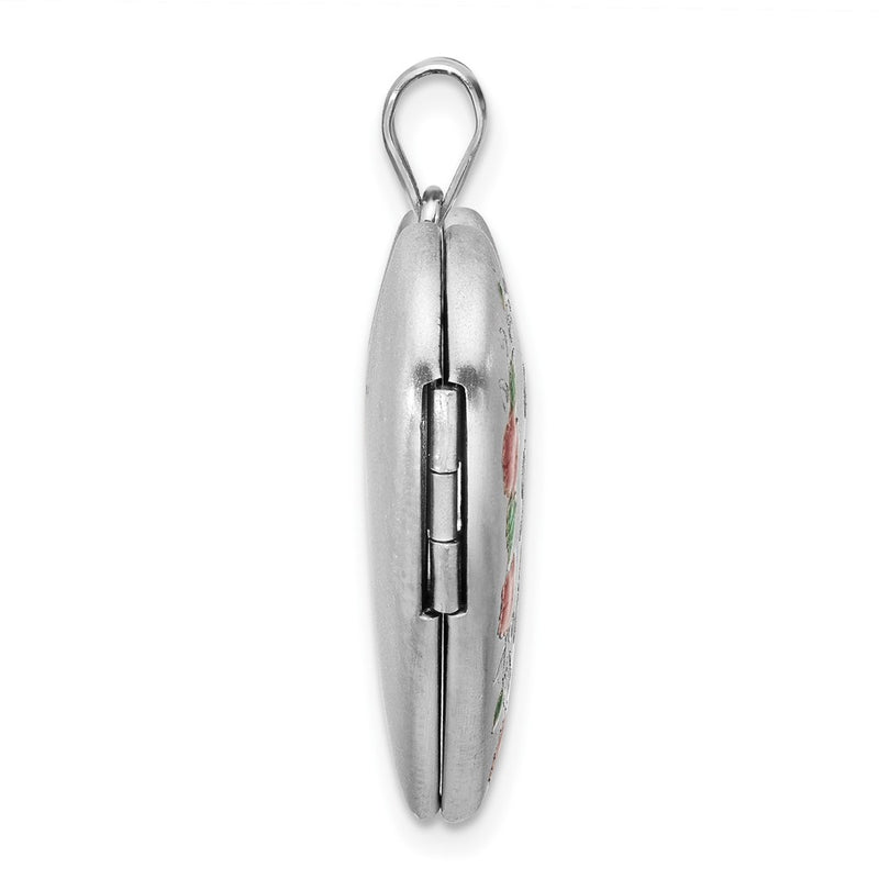 Sterling Silver Rhodium Plated Satin Epoxy I Love You Floral 24mm Heart Locket