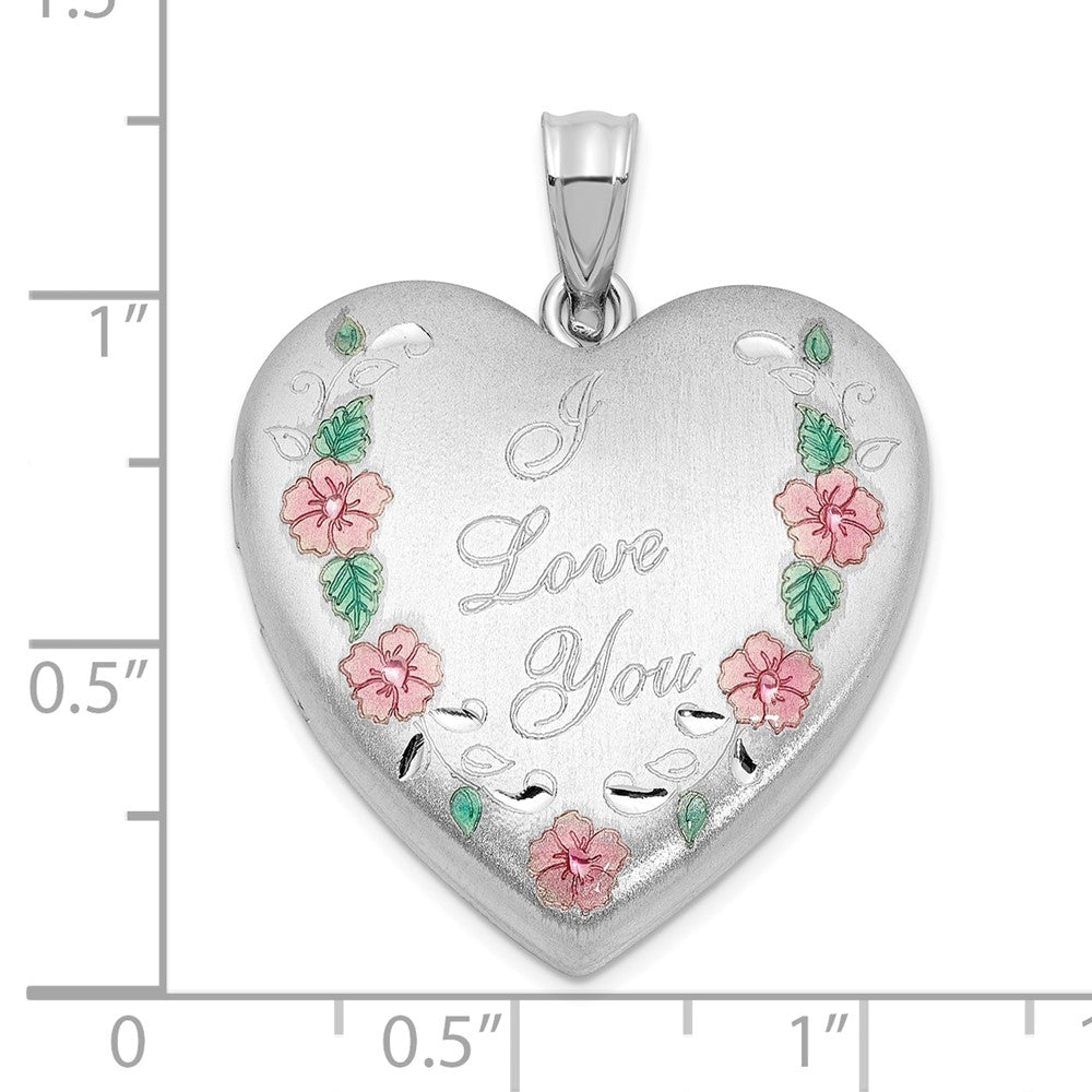 Sterling Silver Rhodium Plated Satin Epoxy I Love You Floral 24mm Heart Locket