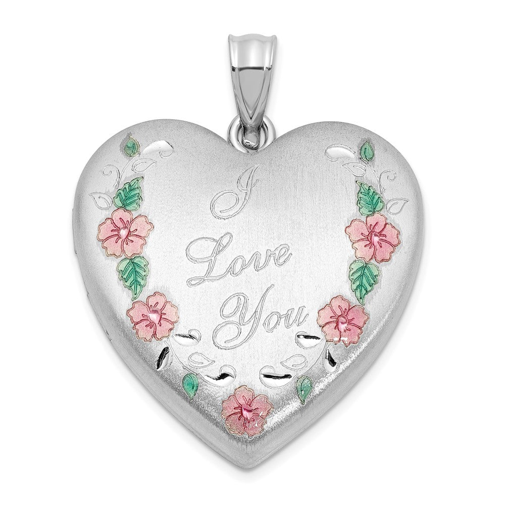 Sterling Silver Rhodium Plated Satin Epoxy I Love You Floral 24mm Heart Locket