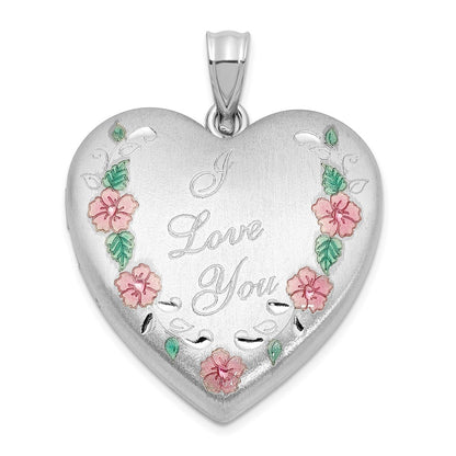 Sterling Silver Rhodium Plated Satin Epoxy I Love You Floral 24mm Heart Locket