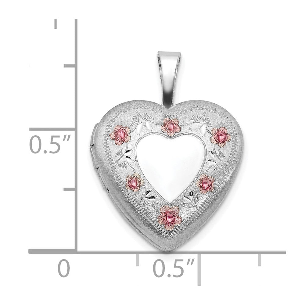 Sterling Silver Rhodium Plated Polished / Satin Epoxy 16mm Floral Heart Locket