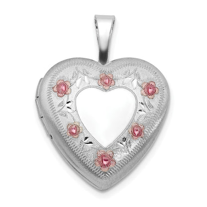 Sterling Silver Rhodium Plated Polished / Satin Epoxy 16mm Floral Heart Locket