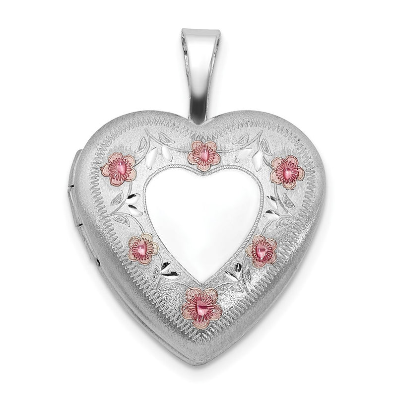 Sterling Silver Rhodium Plated Polished / Satin Epoxy 16mm Floral Heart Locket
