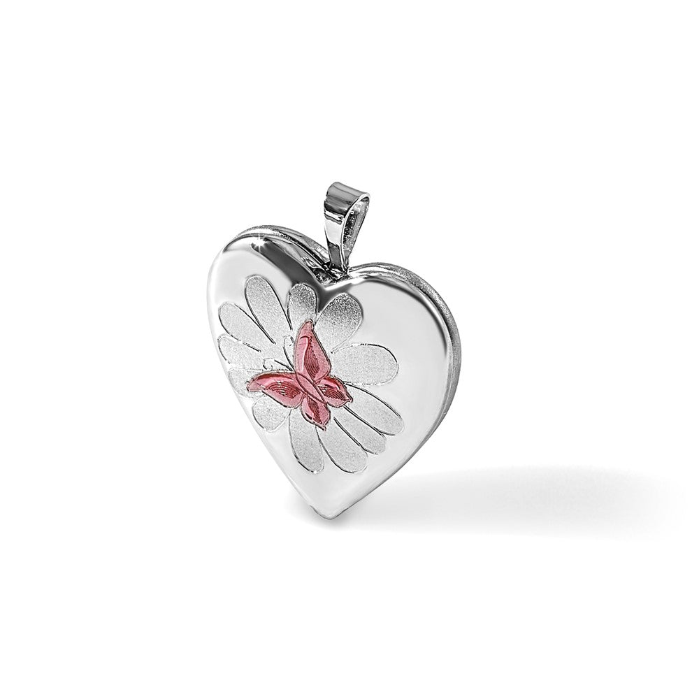 Sterling Silver Rh-Plate Polished/satin Epoxy 20mm Butterfly Heart Locket