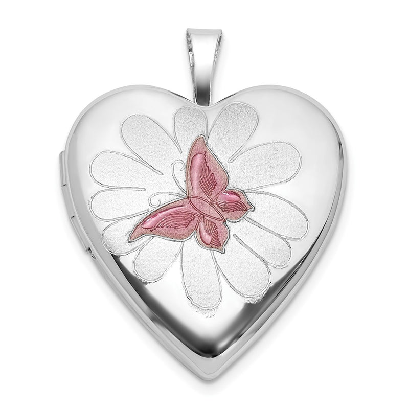 Sterling Silver Rh-Plate Polished/satin Epoxy 20mm Butterfly Heart Locket