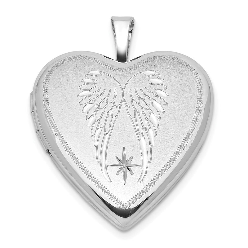 Sterling Silver Rhodium Plated Satin/polished Angel Wings 20mm Heart Locket
