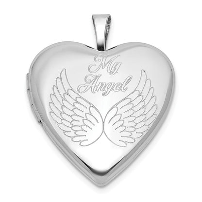 Sterling Silver Rhodium-Plated My Angel Angel Wings 20mm Heart Locket
