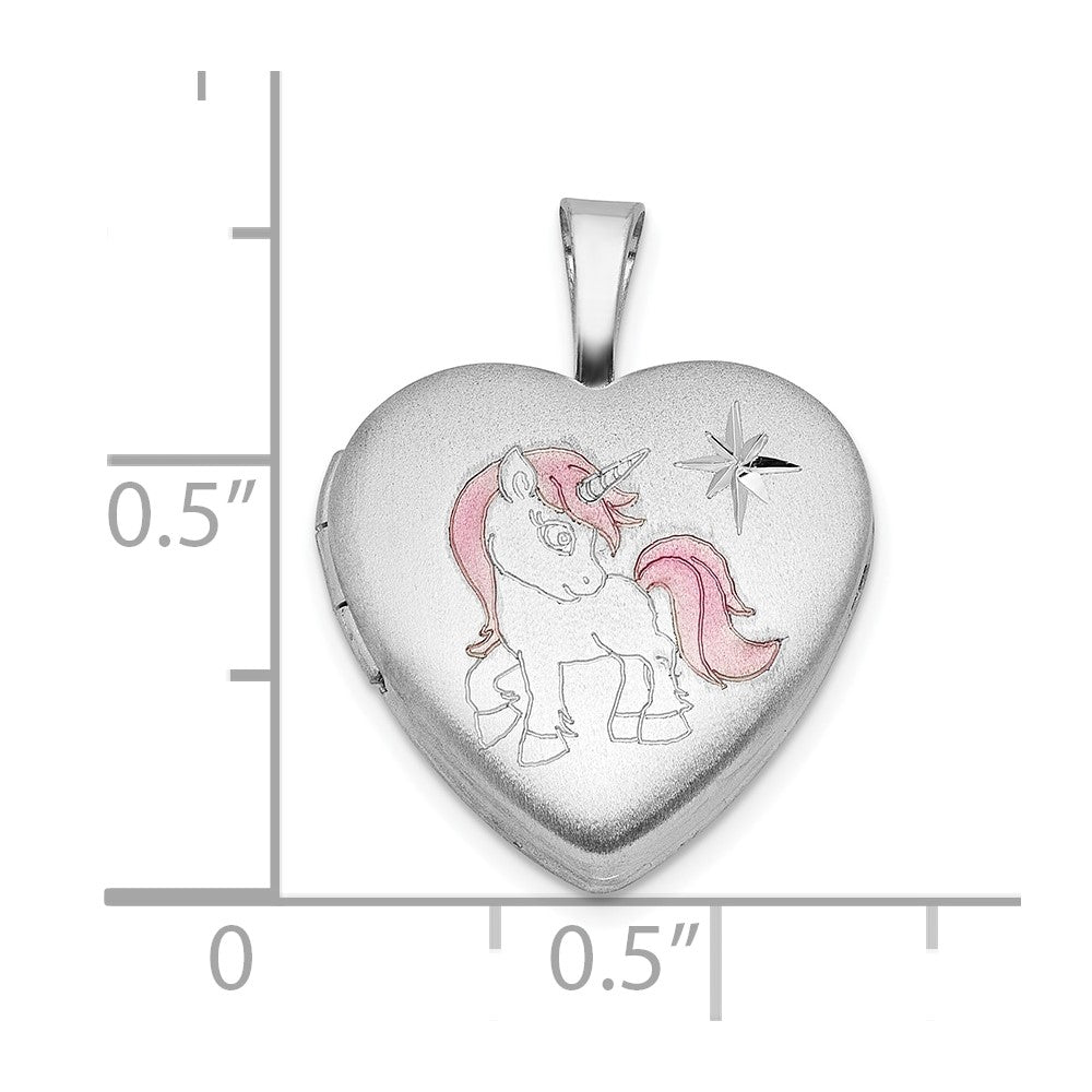 Sterling Silver Rhodium Plated Epoxy Satin Polished Unicorn 16mm Heart Locket